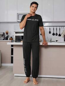 CoupledUp Men's Slogan Print Short Sleeve Top And Long Pants Black Loungewear Set - Black - View 4