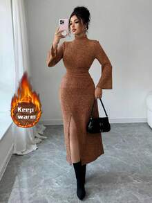 Modelyn Vestido de punto ajustado con cuello alto y abertura, otoño/invierno - Naranja - Ver 4