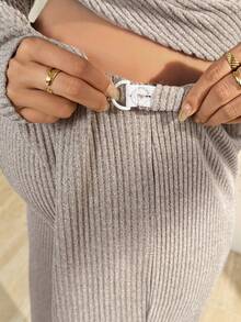 SHEIN 两件套孕妇纯色圆领长袖罗纹T恤和可调节腰围休闲裤套装