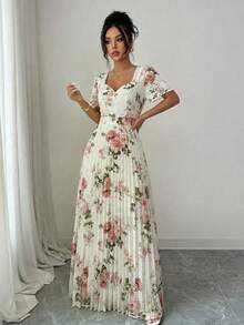 SHEIN Elenzya 优雅印花荷叶边A字连衣裙，心形领口和收腰设计，浪漫精致，适合花园派对 - 彩色 - 查看 5