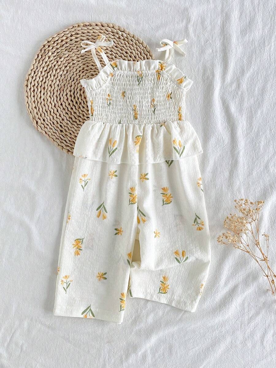 SHEIN Vintaside Kids 女婴简约碎花荷叶边吊带连体衣,适合休闲穿着、户外活动、摄影、度假、春夏穿着 - 彩色 - 查看 1
