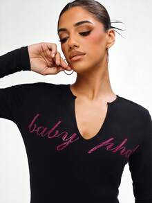 BABYPHAT 长袖V领修身迷你连衣裙，饰有水钻文字细节，适合派对场合 - 黑色 - 查看 4