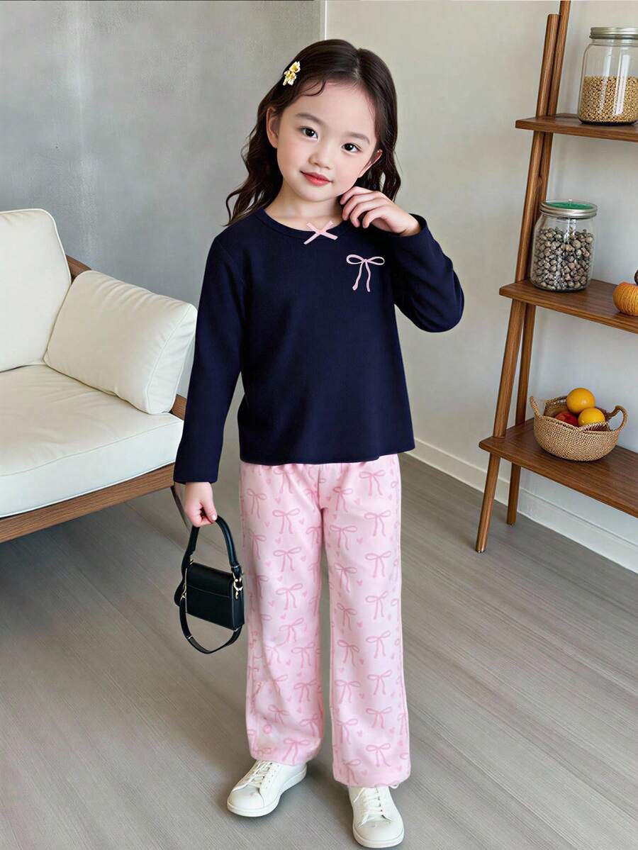 SHEIN Young Girls Navy Ribbed Bow Print Long Sleeve Top And Bow Print Full Length Pants Pajama Set, Suitable For Home Wear, Made Of High Quality Soft Fabric, Machine Washable, Suitable For Spring, Autumn And Winter - Multicolor - View 1