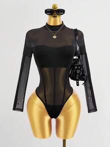 Mistrie Fashionable Sexy Sheer Fitted Long Sleeve Bodysuit