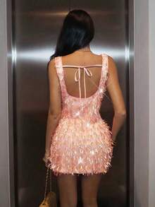 Glamine 女士方领开衩流苏亮片装饰连衣裙，适合派对和约会 - 藕粉色 - 查看 2