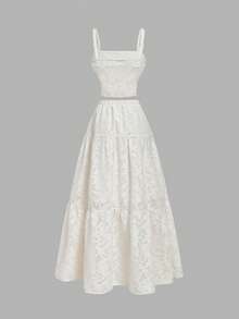 SHEIN MOD 两件套刺绣白色长款连衣裙，波西米亚风格，多层荷叶边下摆，适合约会、度假、野餐、海滩穿着，舒适百搭，情人节服装，女士海滩装，锐舞派对服装。 - 杏色 - 查看 2