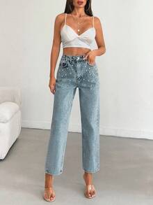 EURMUSE 100% Cotton High Waist Straight Leg Casual Denim Jean - Medium Wash - View 3