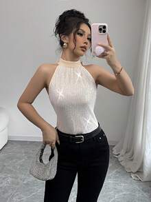 Almamuse 女士优雅亮片系带无袖衬衫，修身派对上衣，夏季 - 彩色 - 查看 7