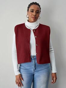 SHEIN Tall CURVE 大码女式休闲日常通勤简约纯色单排扣无袖针织上衣，秋冬款 - 酒紅色 - 查看 3