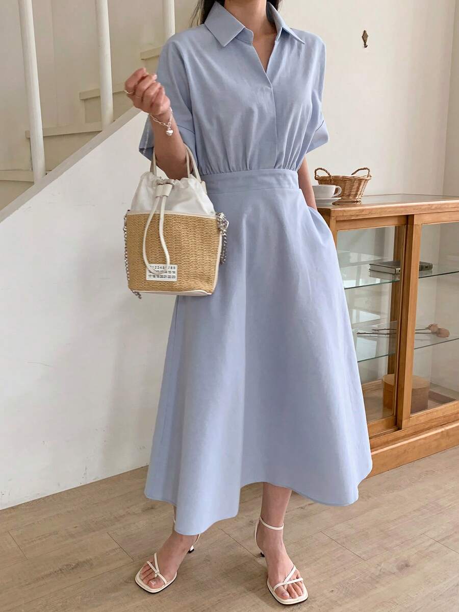 DAZY 女士翻领短袖收腰休闲优雅中长连衣裙 - 藍色 - 查看 1