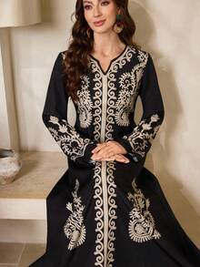 Al Najma Váy Ả Rập dài tay cổ chữ V họa tiết hoa cho nữ - màu đen - Xem 7
