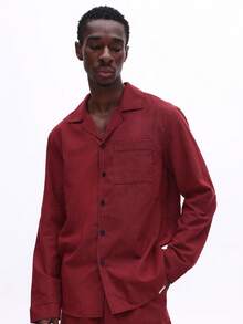 SUMWON Long Sleeve Button Down Pajama Set With Matching Elastic Waist Pants In Burgundy Micro Check Pattern Comfort Loungewear For Men - Red - View 4