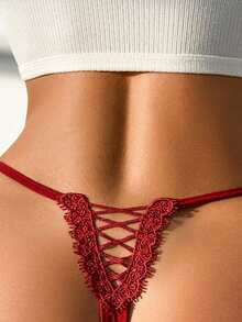 Qdormo Solid Color Bow-Decor Romantic Lace Red G-String Panty Lingerie Bow Tie - Burgundy - View 4