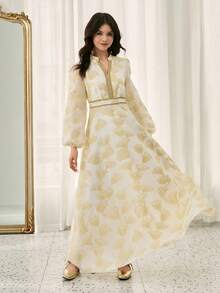 提花面料高腰喇叭长裙，适合婚礼、舞会、演出、生日、宴会等场合。优雅长裙，米白色碎花连衣裙，圣餐泡泡袖长裙，V领长袖连衣裙，女士碎花长裙 - 杏色 - 查看 5