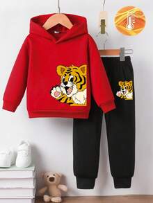 1 Set Young Boy Fashionable Cartoon Tiger Print Fleece Hoodie And Sweatpants Set For Autumn,Career Day,Back-To-School,Red Hoodie And Black Pants Set - Multicolor - View 3