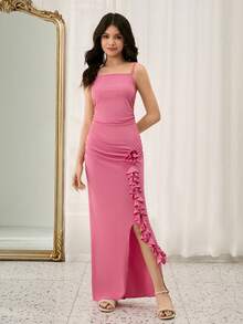 Blush Pink Elegant Formal Summer Party Bridesmaid Dress,Teens Knit Elastic Spaghetti Strap Fitted Slit 3D Floral Ruffle Midi Dress For Wedding,Prom - Pink - View 7