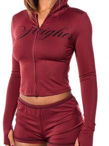 SUMWON WOMEN Christmas Hooded Zip Up Jacket With Script Logo Long Sleeve Burgundy Outerwear Fall Winter Casual Streetwear Fashion