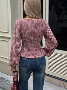 Siren Gaze Women's Plaid Waist Cinched Round Neck Long Sleeve Shirt Christmas For Women Casual Blouse For Women Pleated Design, Fitted Waist, Stretch Plaid Shirt Red Spring Pink - Pink - View 6