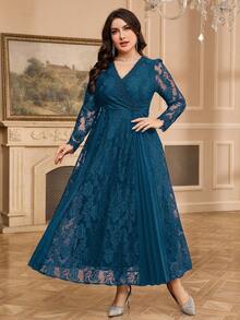 Modelyn Plus Size Solid Color Lace Patchwork V-Neck Elegant Long Sleeve Dress Fall - Teal Blue - View 3