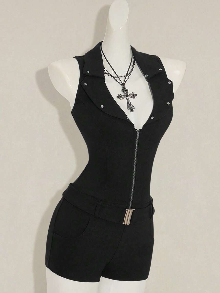 SHEIN ICON Y2K Damen Grunge Goth Schwarzer Sexy Sommer Lässig Gothic Stil Nieten Kragen Reißverschluss Vorne Figurbetonter Jumpsuit - Schwarz - Übersicht 1