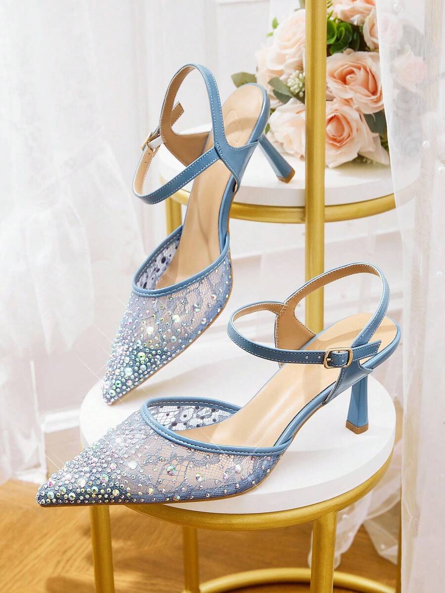 CUCCOO HITCHD Women's Pointed Toe High Heel Lace Rhinestone Elegant Party Evening Wedding Pumps Spring Shoes Spring Break Easter Prom Heels For Christmas - Baby Blue - View 1