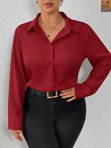 SHEIN PETITE CURVE Women Plus Size Casual Business Solid Color Long Sleeve Bodysuit, Versatile, For Autumn, For Winter - Red - View 4