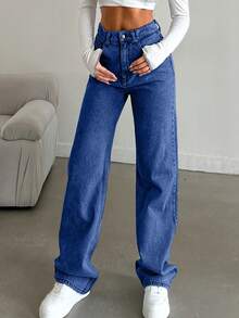 SHEIN Tall Snow Wash Straight Leg Jeans High Rise For Tall - Dark Wash - View 6