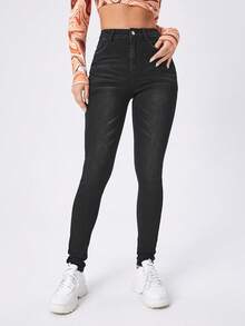 SHEIN ICON Plus Size Women's Vintage Washed Denim Jeans, Spring/Summer - Black - View 5
