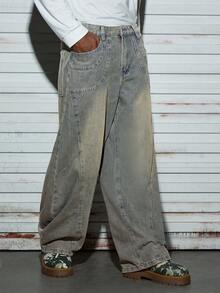 Modcrash 1件装男士Justice Brother风格休闲拼接喇叭牛仔裤，做旧水洗，宽松版型街头时尚阔腿裤，春夏皆宜 - 藍色 - 查看 6