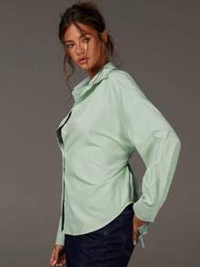 Athîral Women's Casual Striped Print Loose Fit Tie-Waist Long Sleeve Shirt, Suitable For Work, Commute, And Vacation, Spring/Autumn Light Green Top, Tie Up - Green - View 4