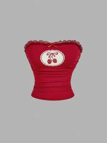 SHEIN MOD 休闲樱桃印花抹胸上衣 Y2K 图案T恤 女式上衣，锐舞上衣，抹胸上衣 - 紅白色 - 查看 5