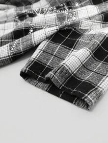 Men's Street Fashion Woven Rhinestone Spider Web Plaid Short Sleeve Shirt - Black and White - View 6