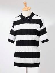 RONVEXI เสื้อโปโลถักแขนสั้นลายทางลำลองสำหรับผู้ชาย