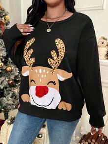 SHEIN VCAY Plus Size Christmas Cartoon Print Sweatshirt In Fall/Winter - Black - View 3