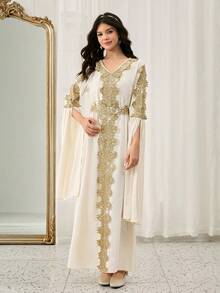 Teenage Long Dress With Middle Eastern Style Gold Trim Maxi Robe, Beige Outerwear - Beige - View 6