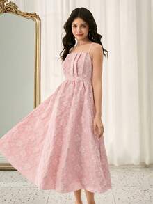 Vestido midi de línea A con bajo asimétrico y textura de tela jacquard, adecuado para bodas, bailes de graduación, fiestas de cumpleaños, aniversarios, Día de San Valentín - Rosa - Ver 5