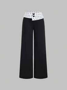 Flirla Damen Retro Sexy Chic Hoch Taillierte Weite Gerade Bein Polka Punkt Patchwork Braun Hose - Schwarz - Übersicht 3