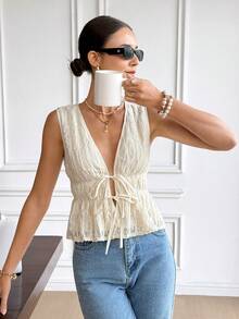 Serisse 女士Y2K风格前系带荷叶边性感时尚无袖上衣，女士提花深V领系带腰荷叶边性感时尚上衣，夏季优雅花卉刺绣系带前系带上衣——浪漫别致的夏季休闲春夏海滩外出上衣，女士优雅衬衫，女士度假白色上衣，度假村 - 米色 - 查看 3