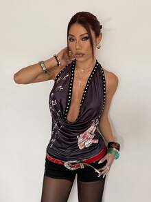 StreetHx Women's Letter Print Halter V-Neck Camisole,,New Year Tops,Chinese Style  Tops - Black - View 3