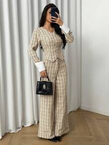Modelyn Women's Yellow Long Sleeve Tweed Cinched Waist Jacket And Straight Leg Pants - Yellow - View 6