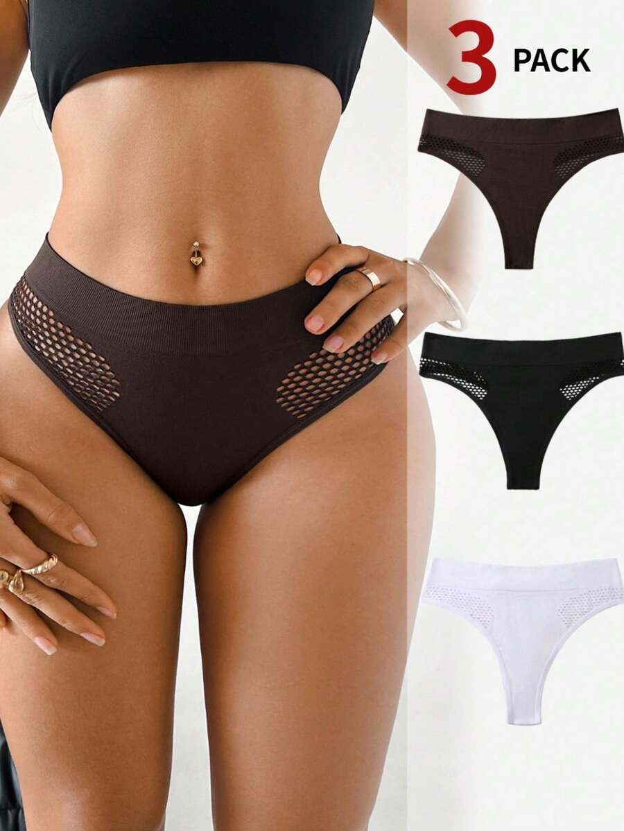 SHEIN Quần lót lọt khe gợi cảm liền mạch 3 chiếc/gói! Thiết kế khoét sâu ở vùng đáy quần, phong cách gợi cảm & quyến rũ, có thể chọn cạp cao hoặc cạp vừa, vừa vặn thoải mái & vô hình - Nhiều màu - Xem 1