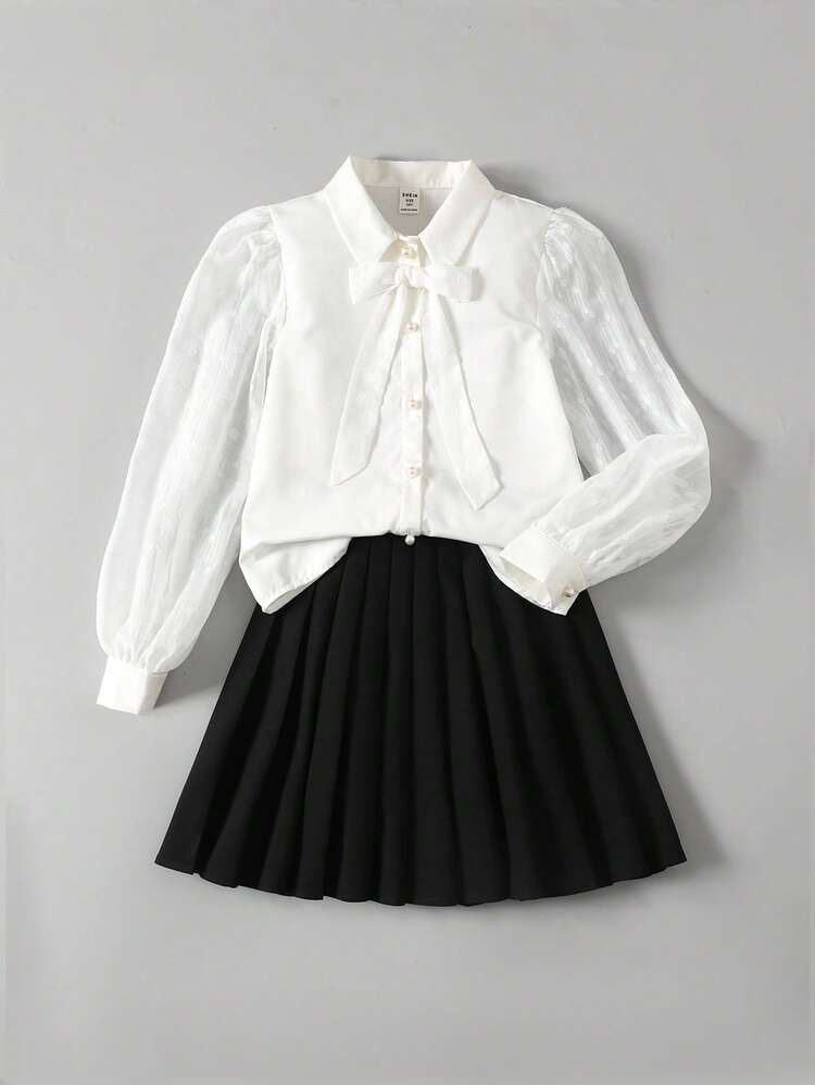 Tween Girl White Collar Puff Sleeve Blouse & Pleated Skirt Casual 2-Piece Set