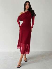 Firerie Autumn/Winter New Women's Elegant Asymmetrical Shoulder Long Sleeve Pleated Waist Knit Dress, Versatile Black Long Dress For Daily, Party, Airport, Teacher, Outing, Wedding Guest - Burgundy - View 3