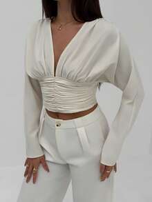 Aloruh Chemise simple à manches longues avec col en V plissé, manches chauve-souris et couleur unie, pour le trajet quotidien - Beige - Voir 6