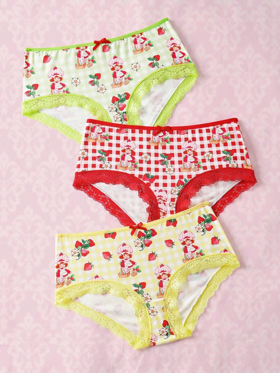Strawberry Shortcake X SHEIN 3pcs Women's Cute Cartoon Character, Strawberry Plaid Print, Bow Decor, Lace Trim Comfortable Panties Set - Multicolor - View 1