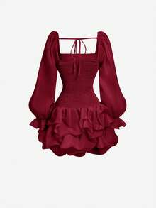 SHEIN MOD 女士杏色修身褶皱泡泡下摆欧根纱迷你连衣裙，情人节，女士夏季连衣裙，白色毕业礼服 - 紅色 - 查看 2