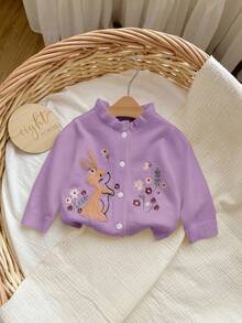 SHEIN Newborn Baby Girl Floral Cartoon Rabbit Embroidery Single-Breasted Knit Cardigan - Mauve Purple - View 6