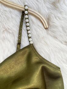 SHEIN Franclia 女士优雅缎面珍珠吊带裙，A 字廓形，适合通勤、派对和活动