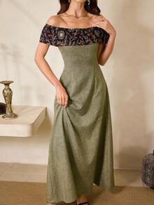 Al Najma Women's Off Shoulder Floral Print Fitted Elegant Party Dress - Yellow - View 2