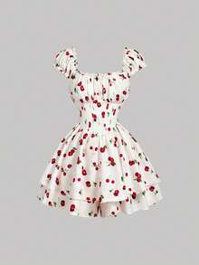 SHEIN MOD 白色樱桃印花连体裤，胸部褶皱设计，束腰拼接，V 字腰线，荷叶边下摆，双层下摆——浪漫可爱的 Y2K 风格，完美适用于度假、约会、野餐、派对、舞会、节日和生日等场合。 - 彩色 - 查看 5